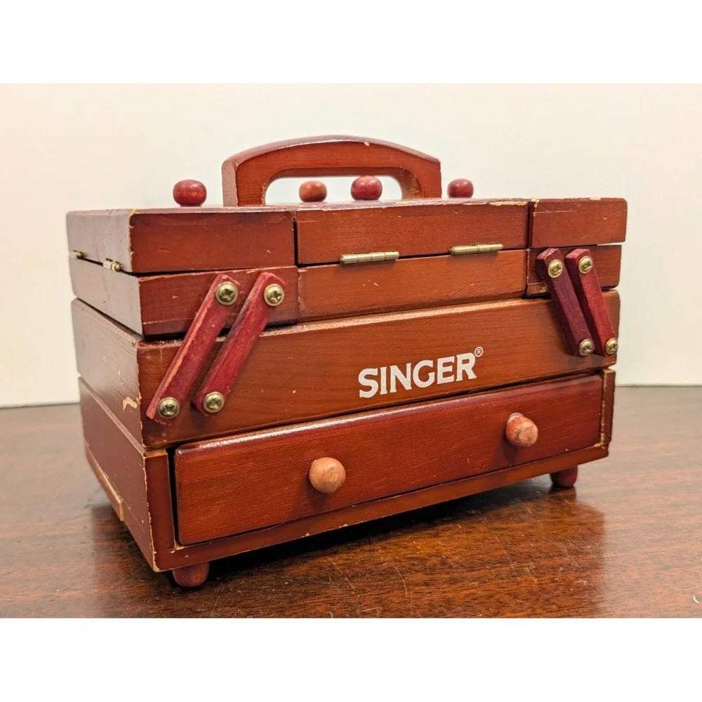 Vintage Singer Sewing Box Accordion Fold Out Wooden Sewing Carry Caddy Organizer